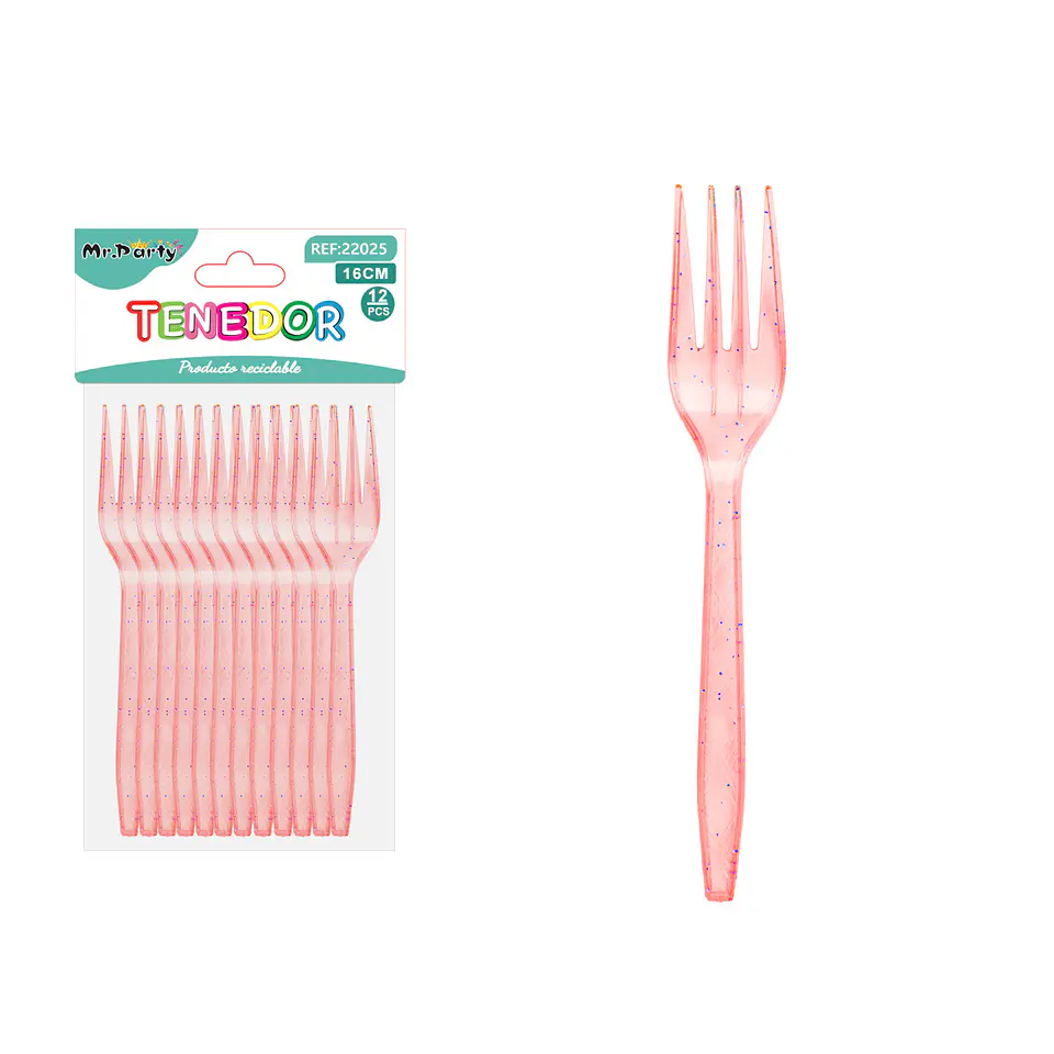 Tenedor PS desechables rojo con brillo dorado 16cm 12pcs 1