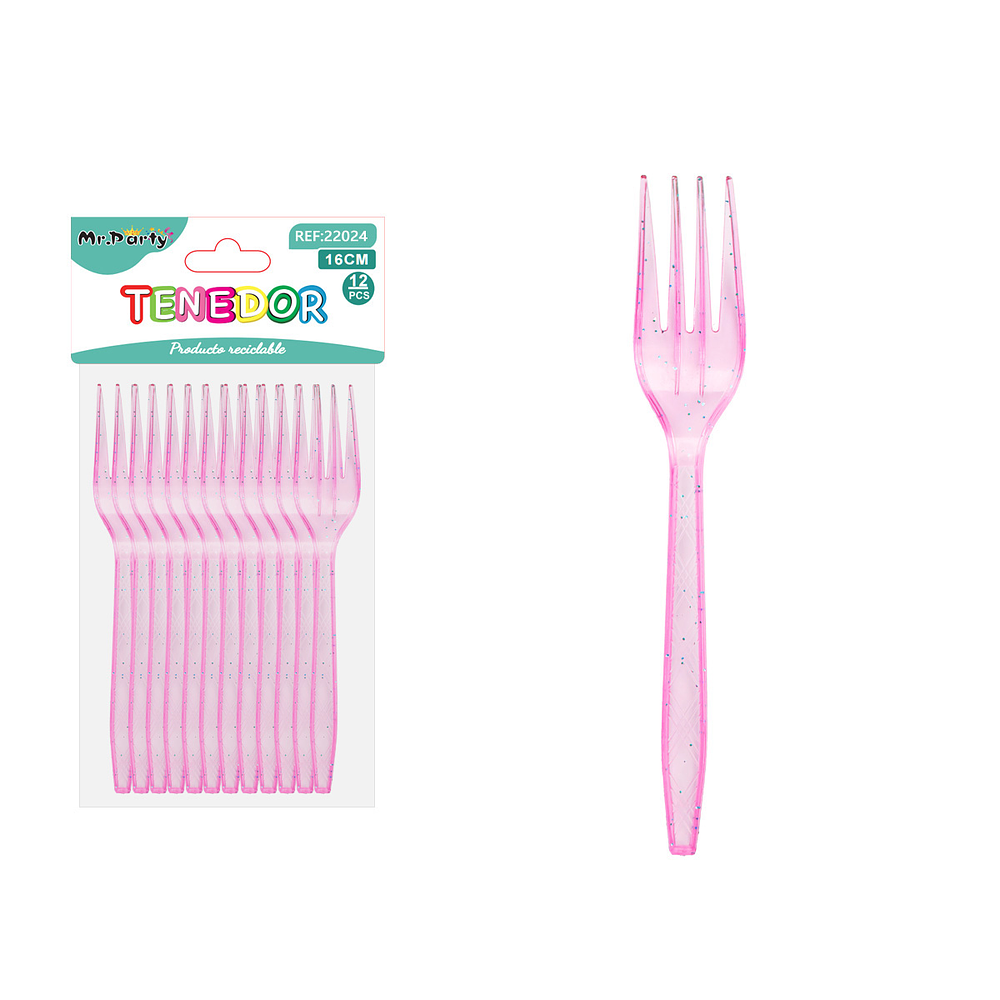Tenedor PS desechables rosado con brillo dorado 16cm 12pcs