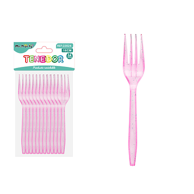 Tenedor PS desechables rosado con brillo dorado 16cm 12pcs