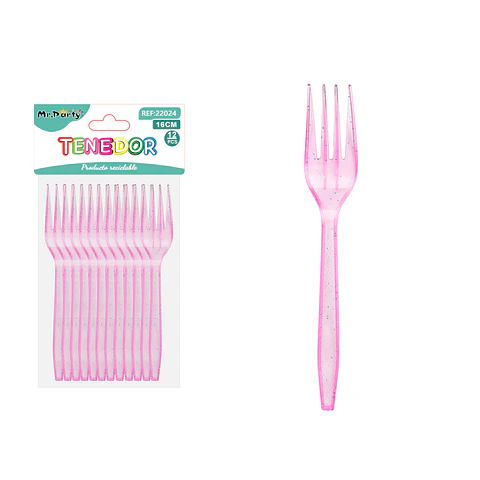 Tenedor PS desechables rosado con brillo dorado 16cm 12pcs