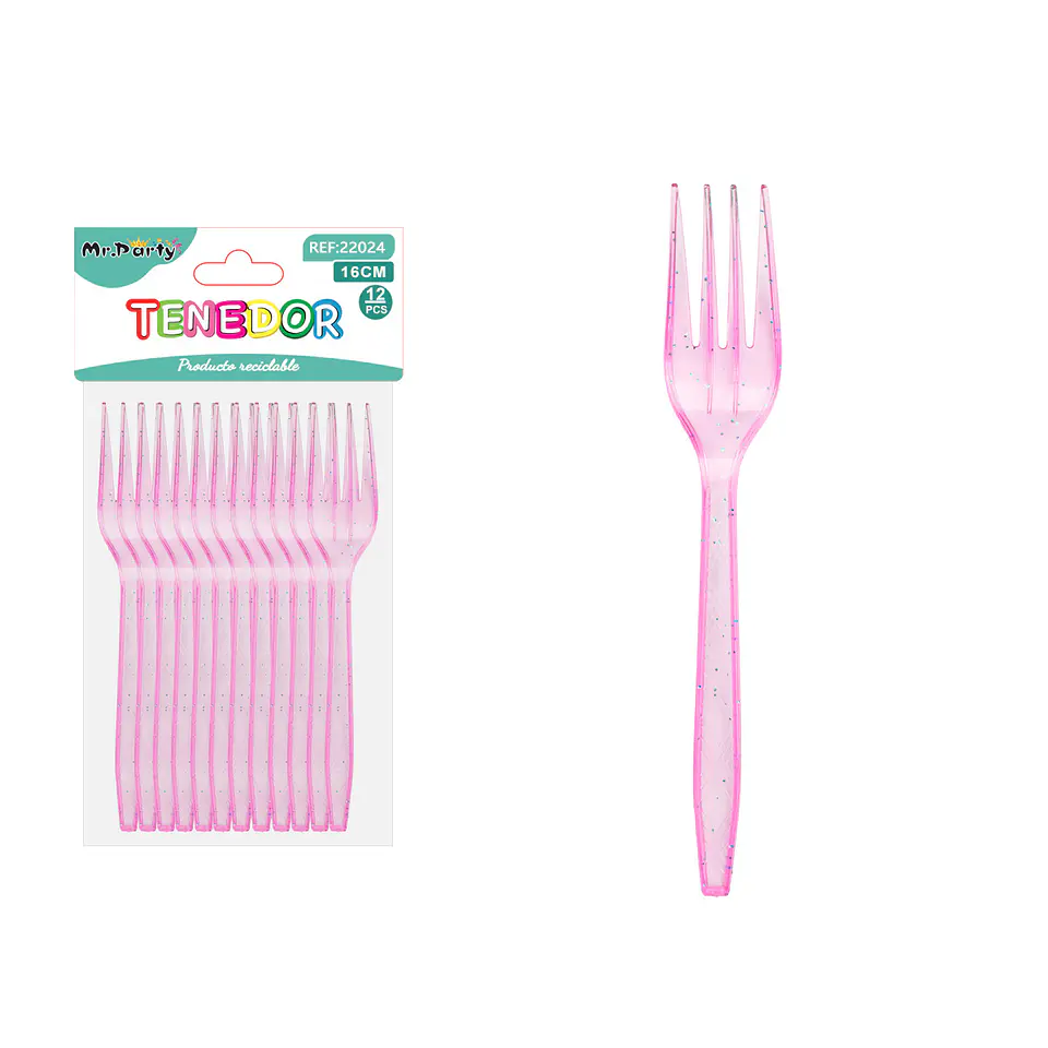 Tenedor PS desechables rosado con brillo dorado 16cm 12pcs 1