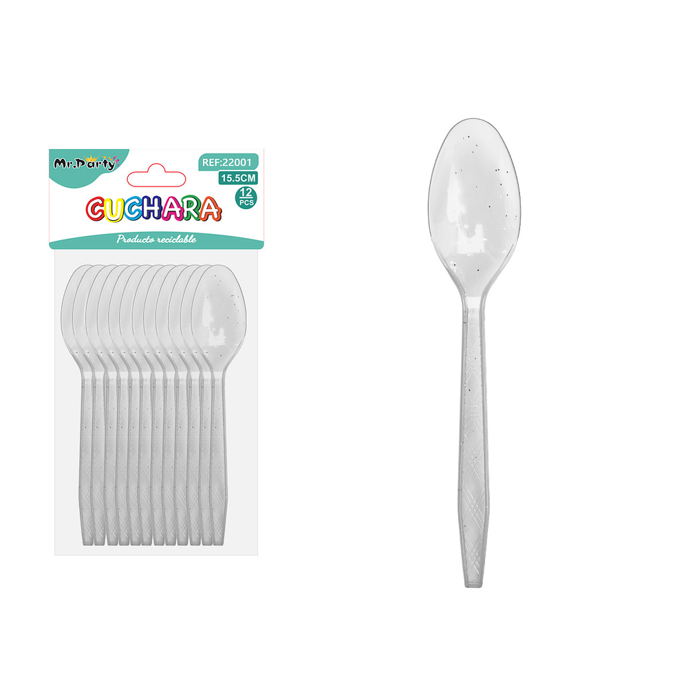 Cuchara PS desechables transparente con brillo plata 15.5cm 12pcs