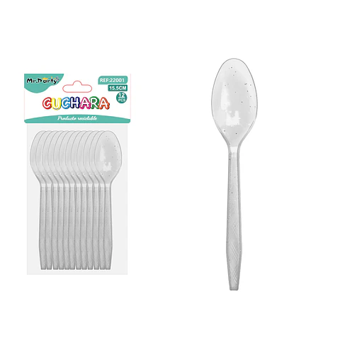 Cuchara PS desechables transparente con brillo plata 15.5cm 12pcs