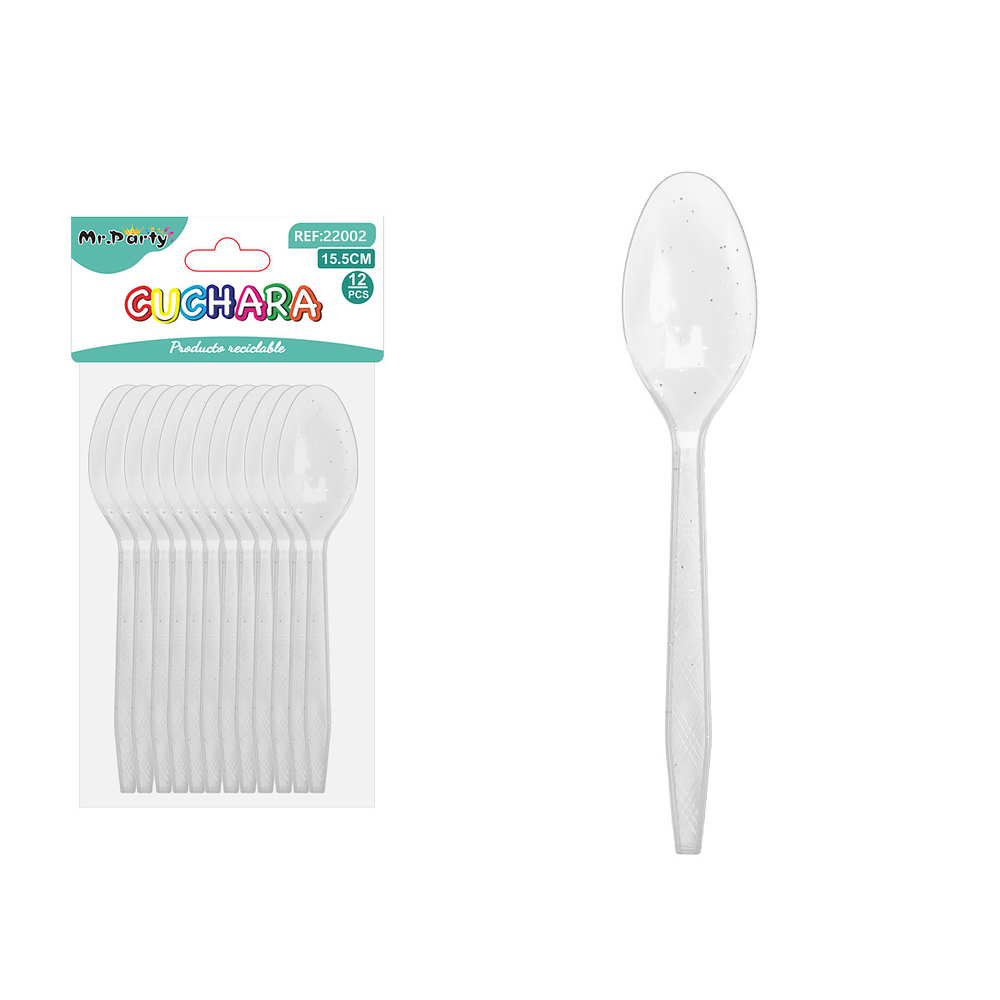Cuchara PS desechables transparente con brillo dorado 15.5cm 12pcs