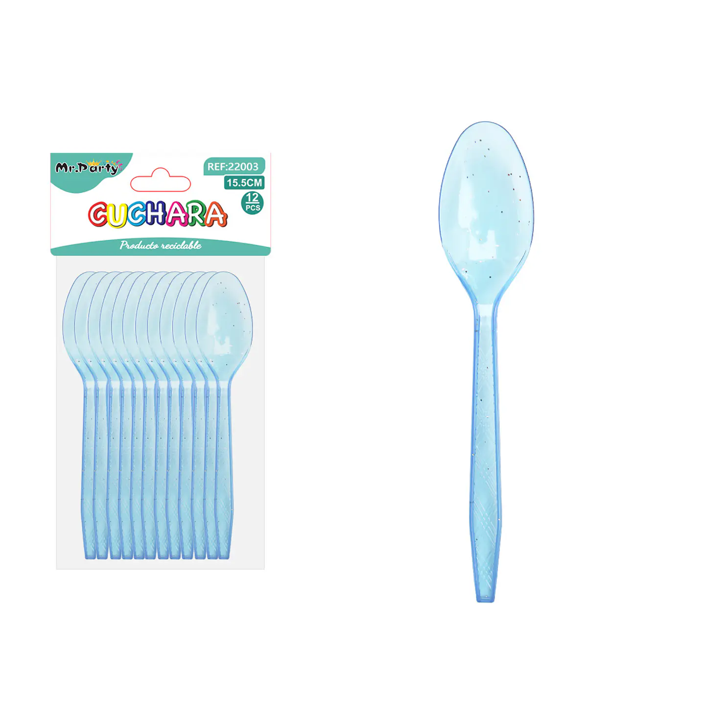 Cuchara PS desechables celeste con brillo dorado 15.5cm 12pcs 1