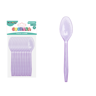 Cuchara PS desechables lila con brillo dorado 15.5cm 12pcs