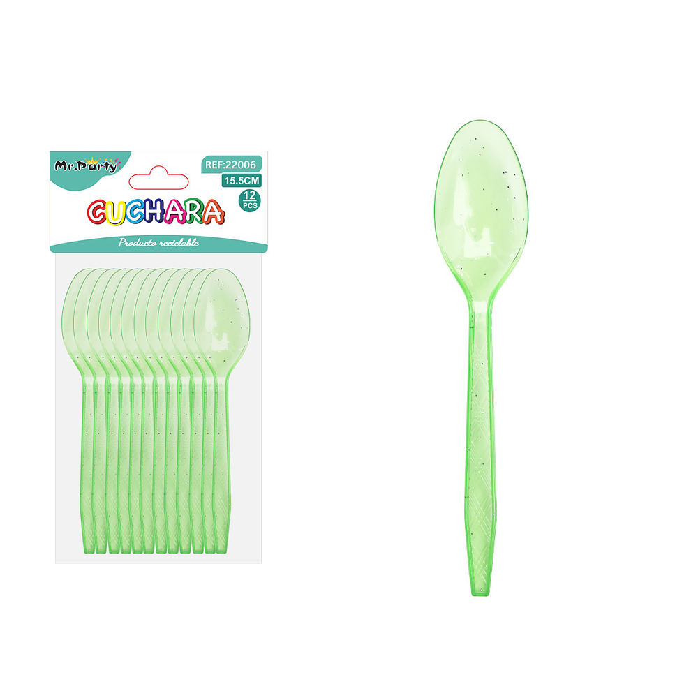 Cuchara PS desechables verde con brillo dorado 15.5cm 12pcs