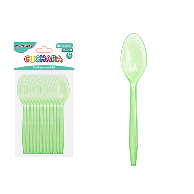Cuchara PS desechables verde con brillo dorado 15.5cm 12pcs