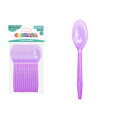 Cuchara PS desechables morado con brillo dorado 15.5cm 12pcs