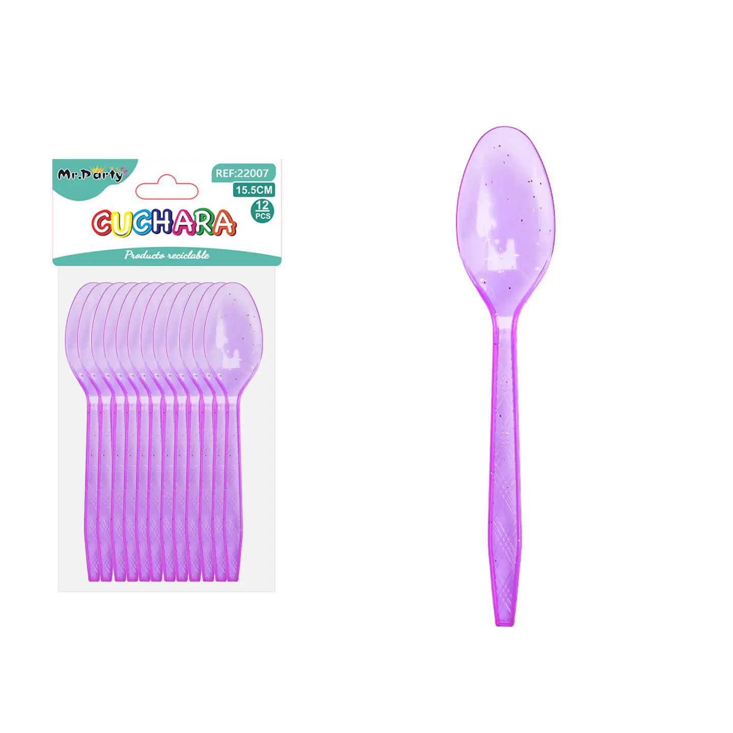 Cuchara PS desechables morado con brillo dorado 15.5cm 12pcs 1