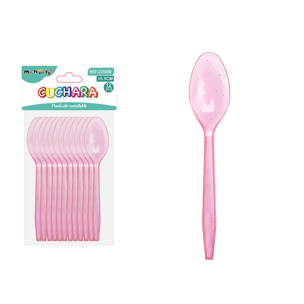 Cuchara PS desechables rosado con brillo dorado 15.5cm 12pcs