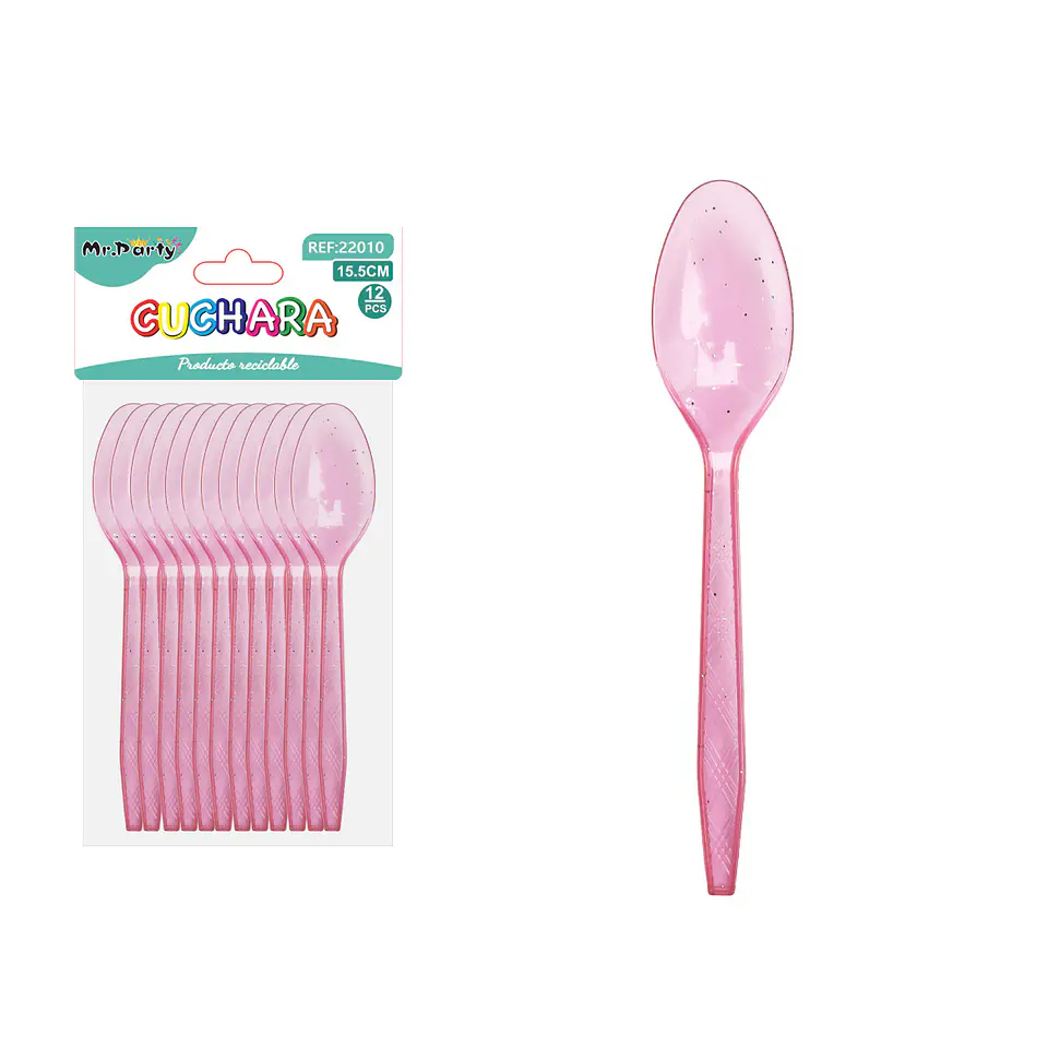 Cuchara PS desechables fucsia con brillo dorado 15.5cm 12pcs 1