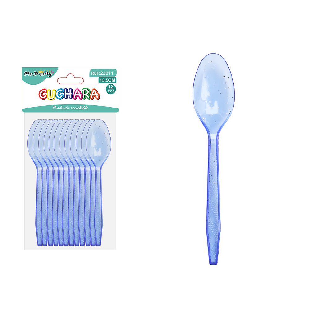 Cuchara PS desechables azul rey con brillo dorado 15.5cm 12pcs