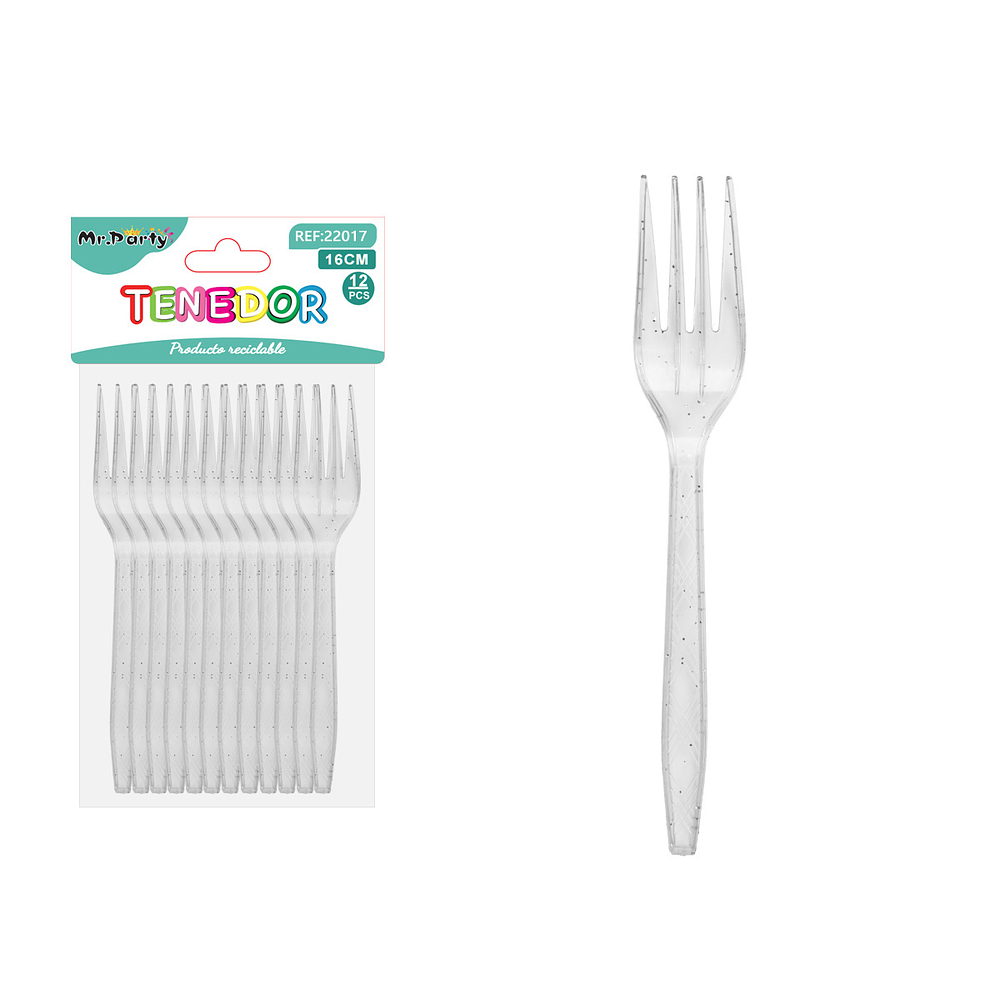 Tenedor PS desechables transparente con brillo plata 16cm 12pcs