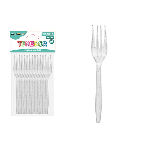 Tenedor PS desechables transparente con brillo plata 16cm 12pcs