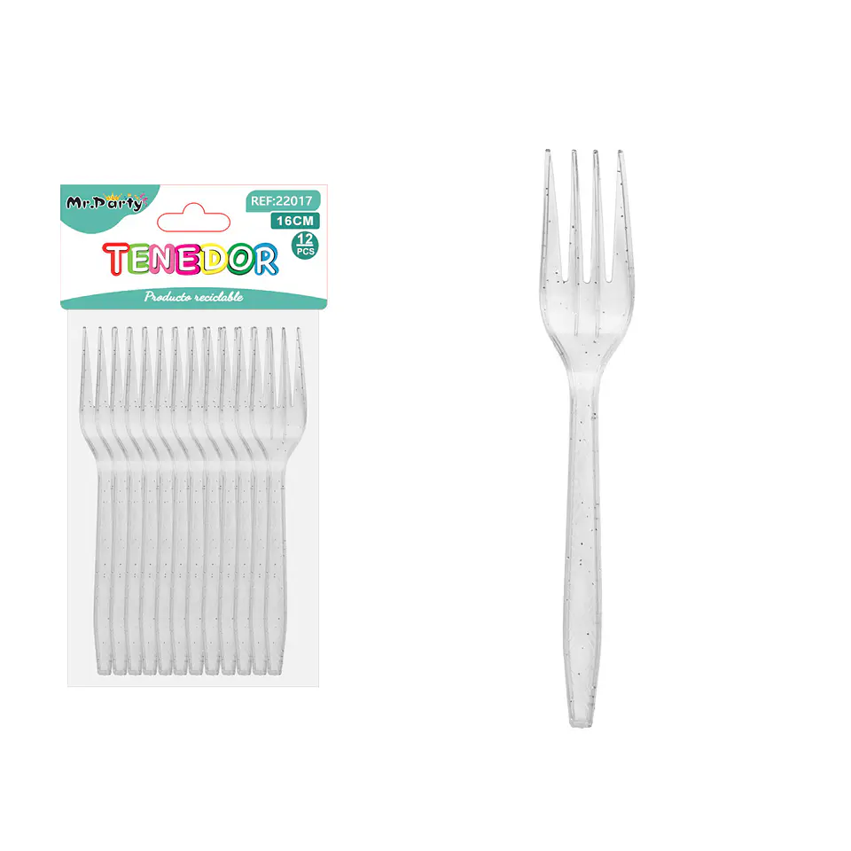 Tenedor PS desechables transparente con brillo plata 16cm 12pcs 1