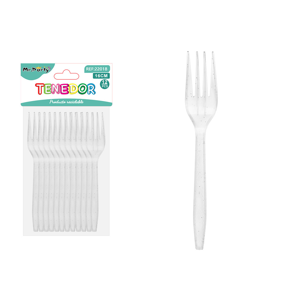 Tenedor PS desechables transparente con brillo dorado 16cm 12pcs