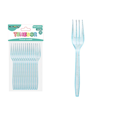 Tenedor PS desechables celeste con brillo dorado 16cm 12pcs