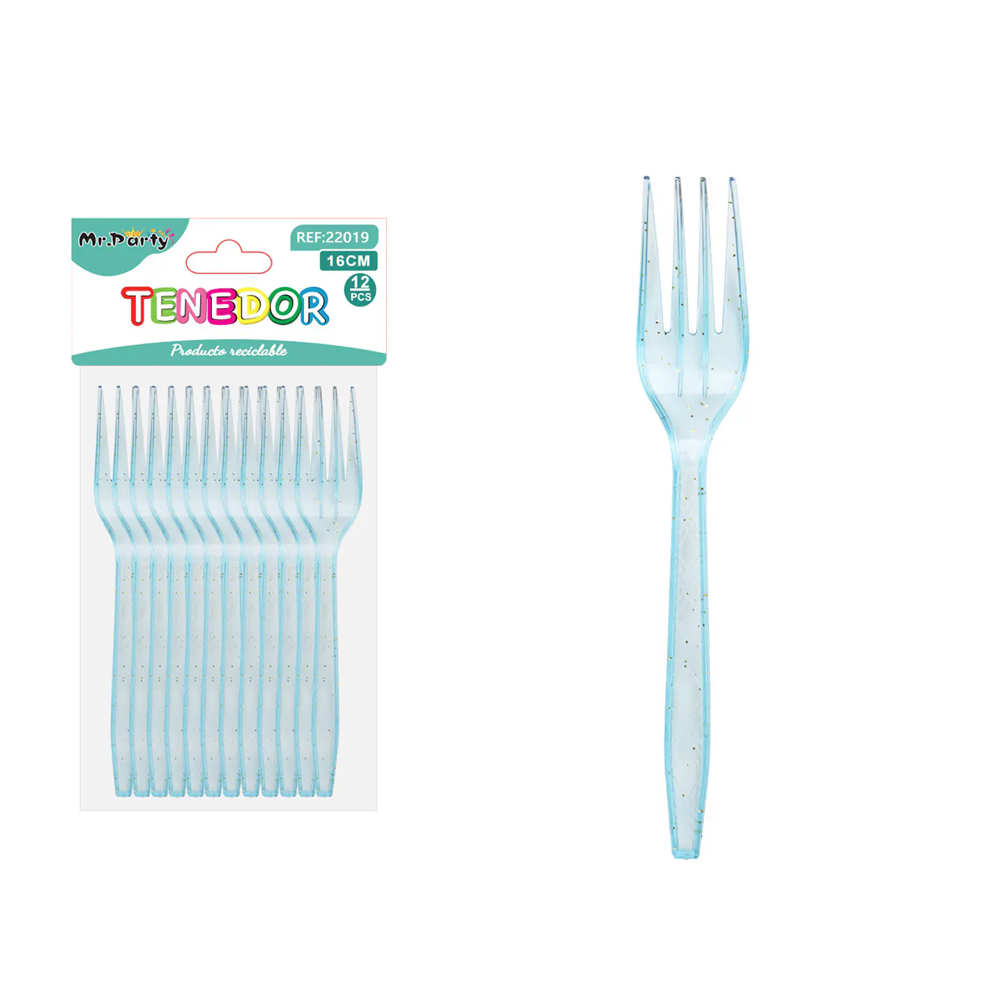 Tenedor PS desechables celeste con brillo dorado 16cm 12pcs 1