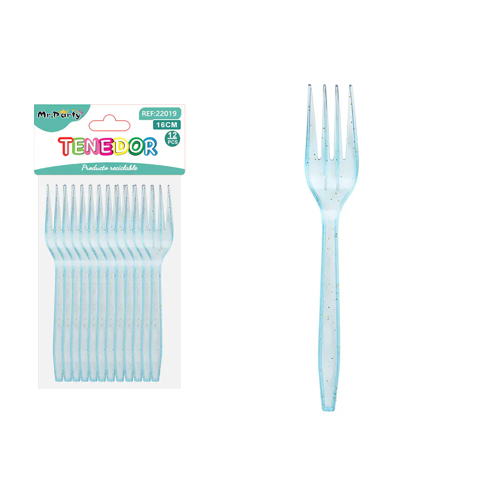 Tenedor PS desechables celeste con brillo dorado 16cm 12pcs 1