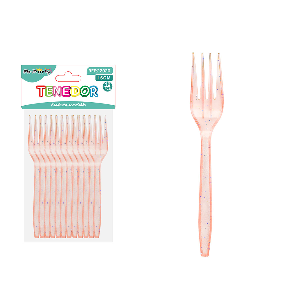 Tenedor PS desechables naranjo con brillo dorado 16cm 12pcs
