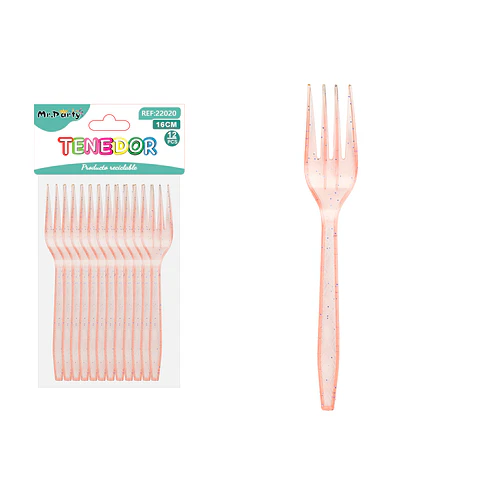 Tenedor PS desechables naranjo con brillo dorado 16cm 12pcs