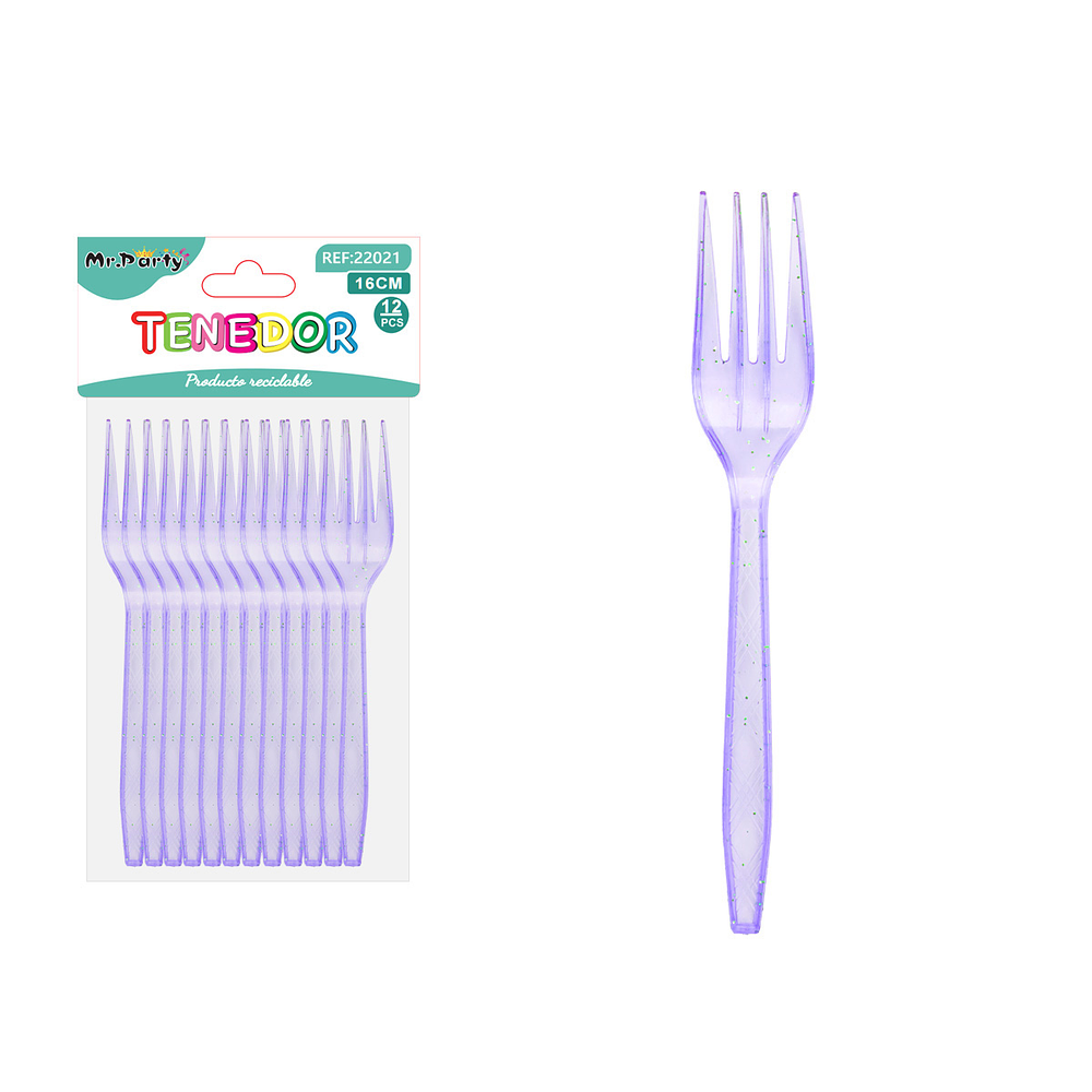 Tenedor PS desechables lila con brillo dorado 16cm 12pcs