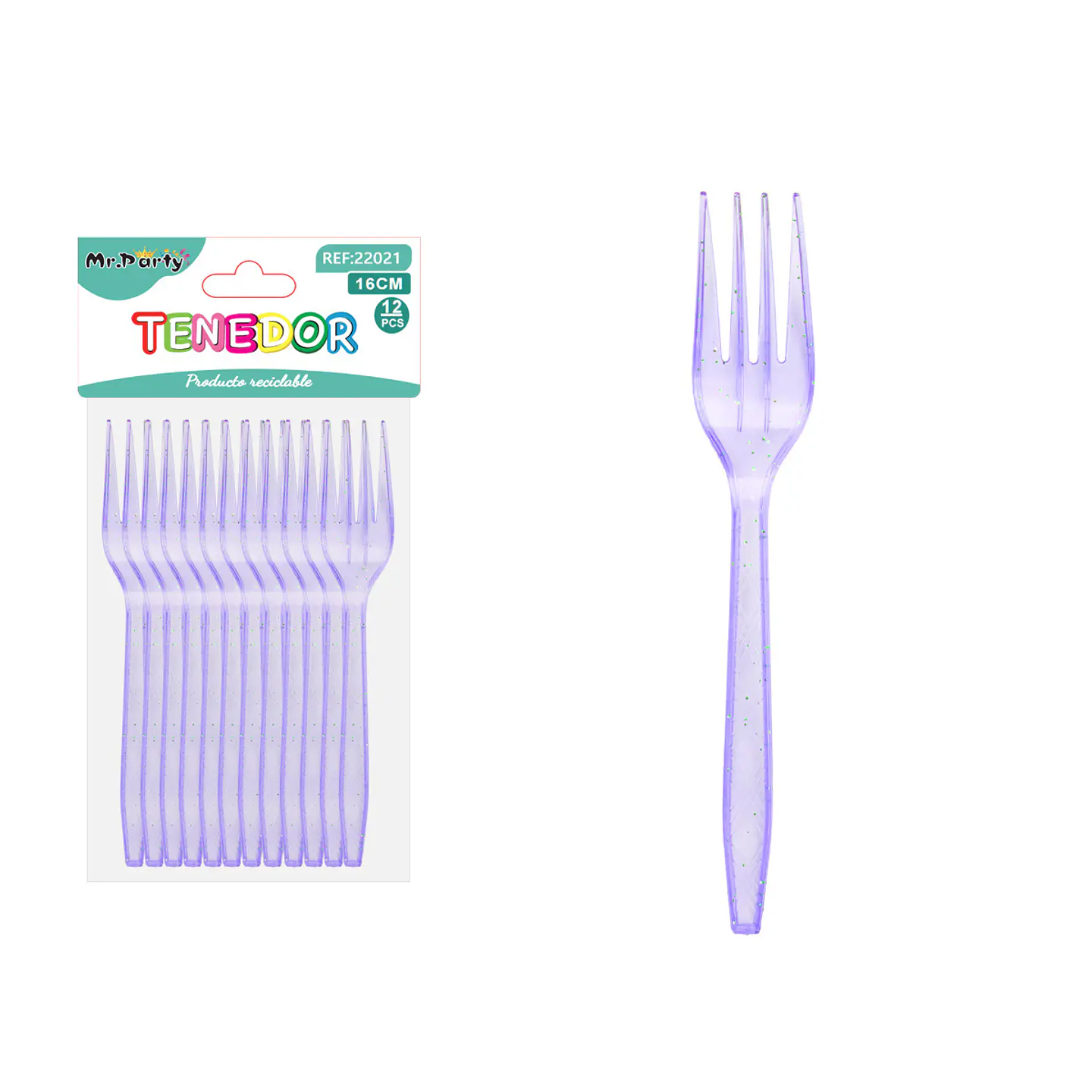 Tenedor PS desechables lila con brillo dorado 16cm 12pcs 1