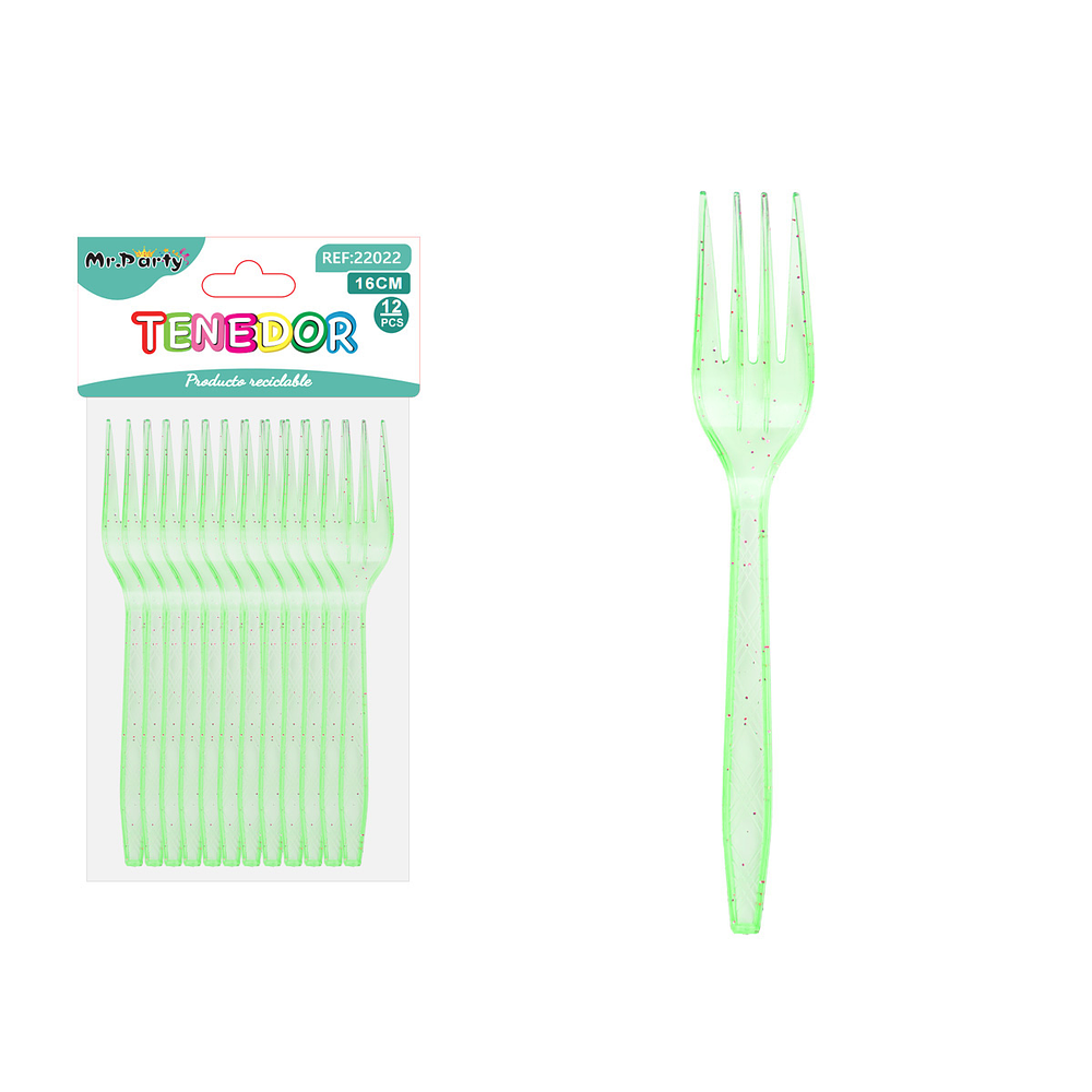 Tenedor PS desechables verde con brillo dorado 16cm 12pcs