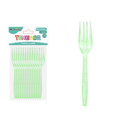 Tenedor PS desechables verde con brillo dorado 16cm 12pcs