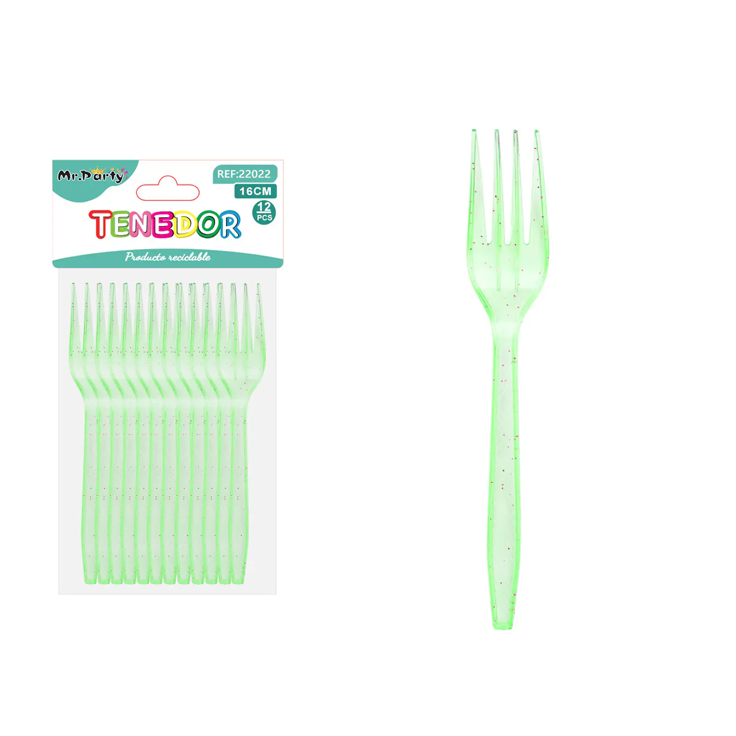 Tenedor PS desechables verde con brillo dorado 16cm 12pcs 1