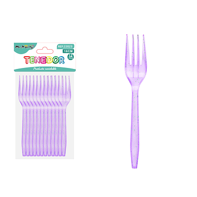 Tenedor PS desechables morado con brillo dorado 16cm 12pcs