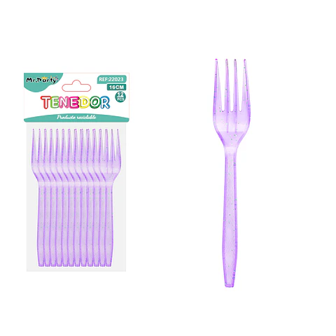 Tenedor PS desechables morado con brillo dorado 16cm 12pcs