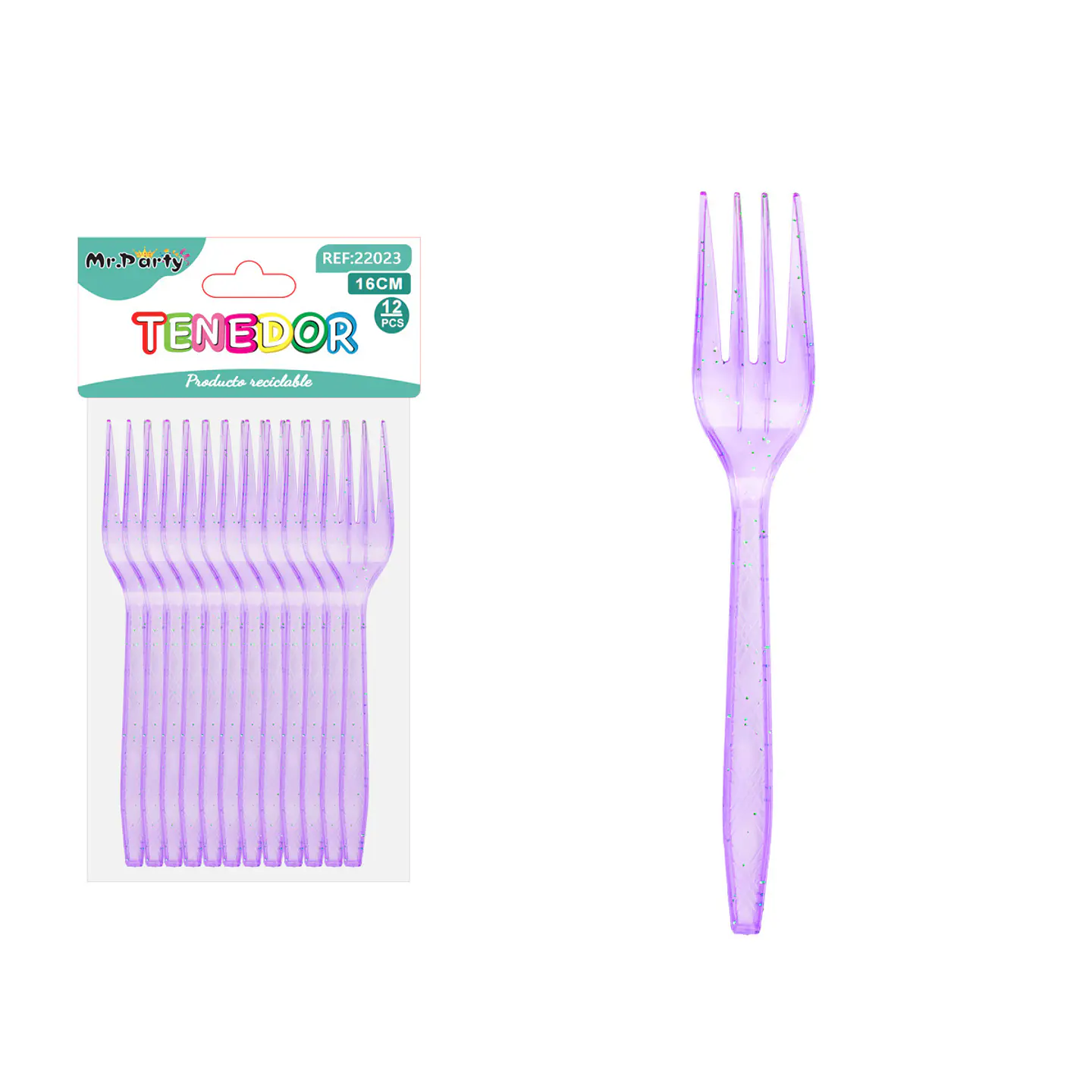 Tenedor PS desechables morado con brillo dorado 16cm 12pcs 1
