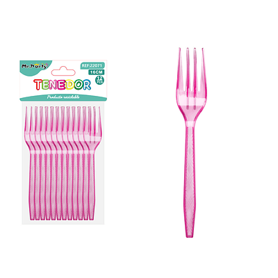 Tenedor PS desechables transparente fucsia 16cm 12pcs