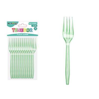 Tenedor PS desechables transparente verde 16cm 12pcs