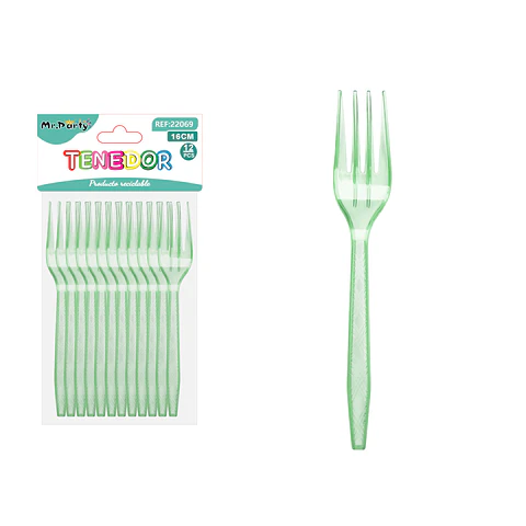 Tenedor PS desechables transparente verde 16cm 12pcs