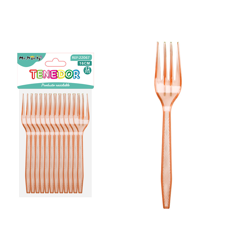 Tenedor PS desechables transparente naranjo 16cm 12pcs