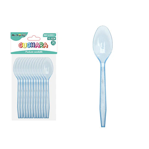 Cuchara PS desechables transparente celeste 15.5cm 12pcs