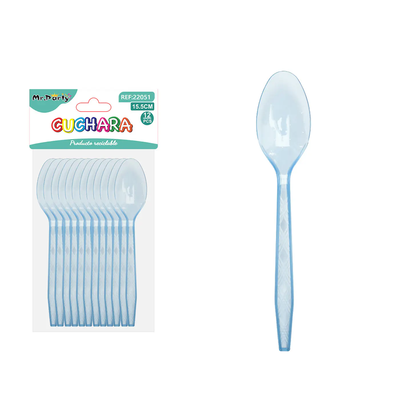 Cuchara PS desechables transparente celeste 15.5cm 12pcs 1