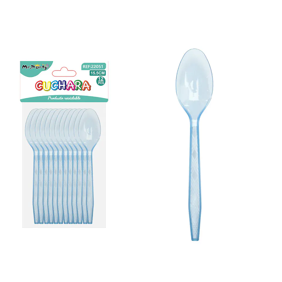 Cuchara PS desechables transparente celeste 15.5cm 12pcs 1