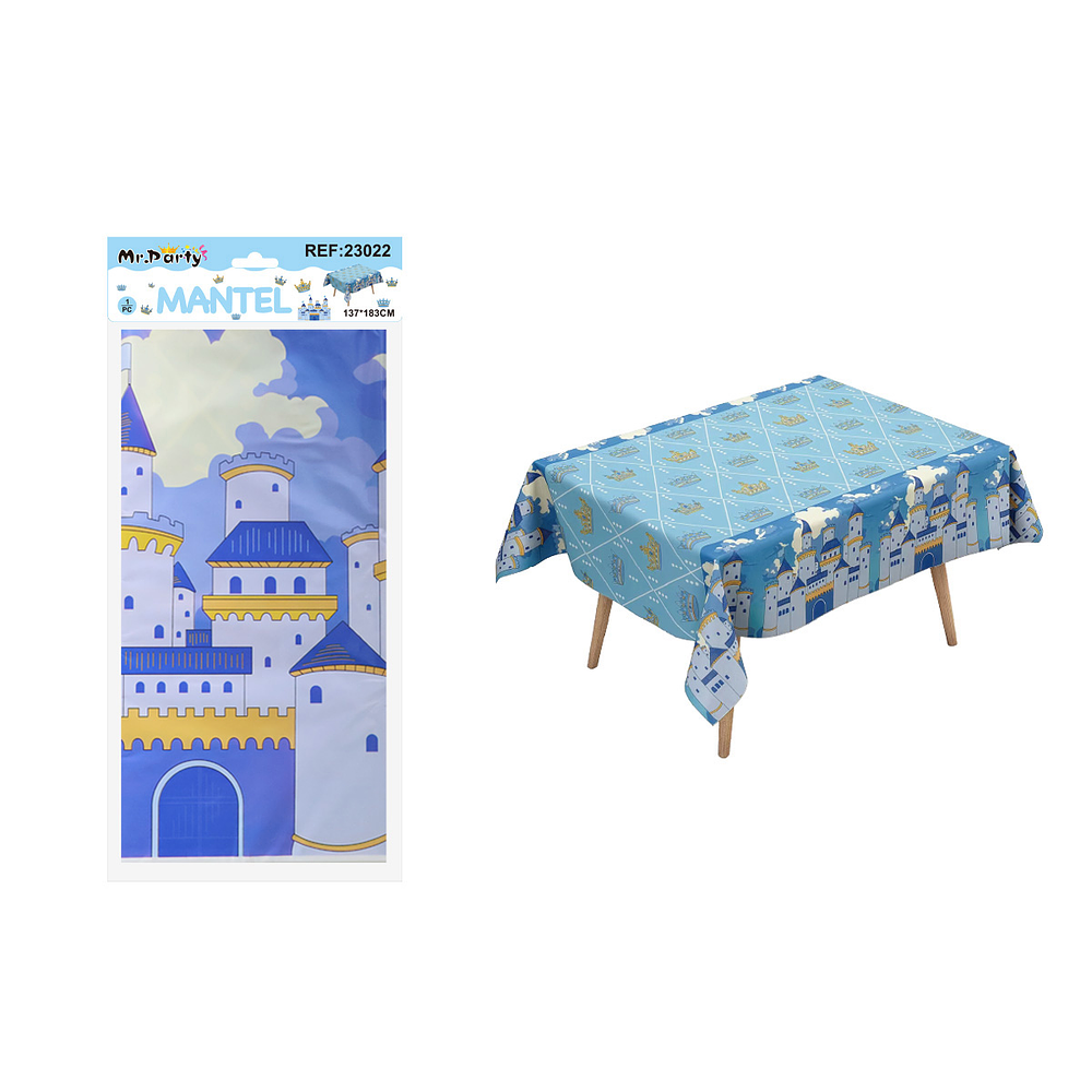 Mantel plástico perlado castillo azul 137*183cm