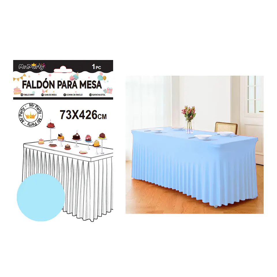 Faldón de mesa plástico azul claro 73*426cm 1