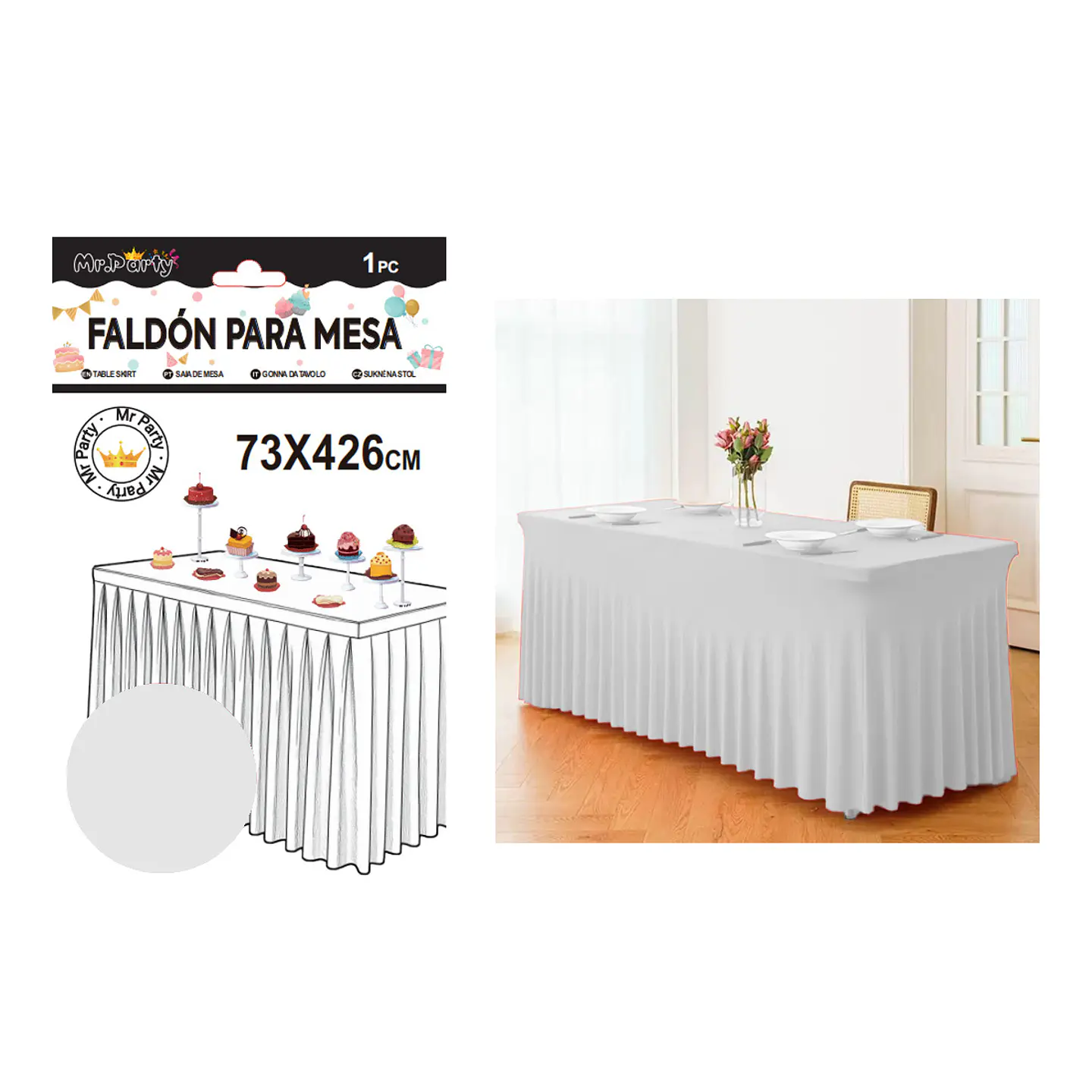 Faldón de mesa plástico plateado 73*426cm 1