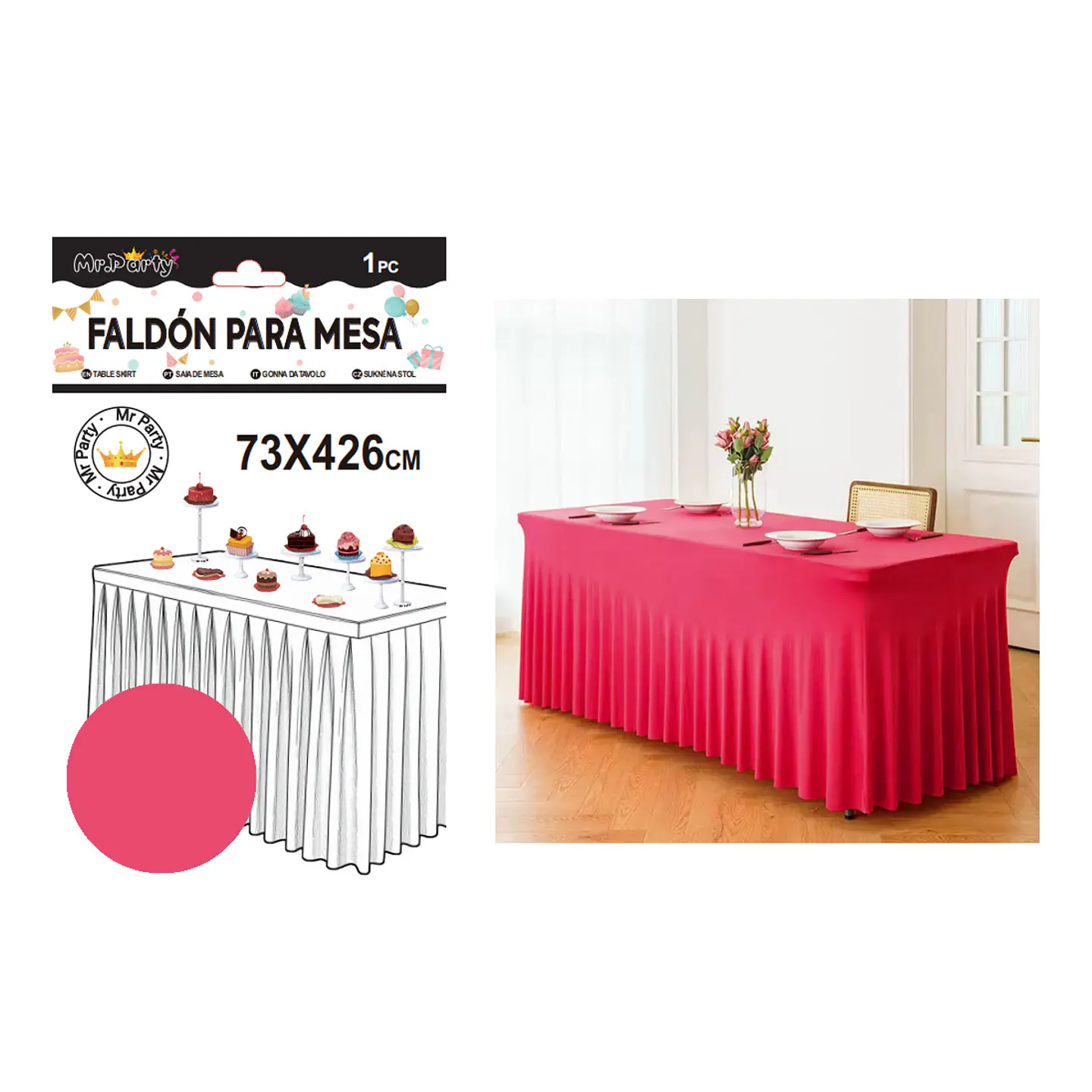 Faldón de mesa plástico fucsia 73*426cm 1