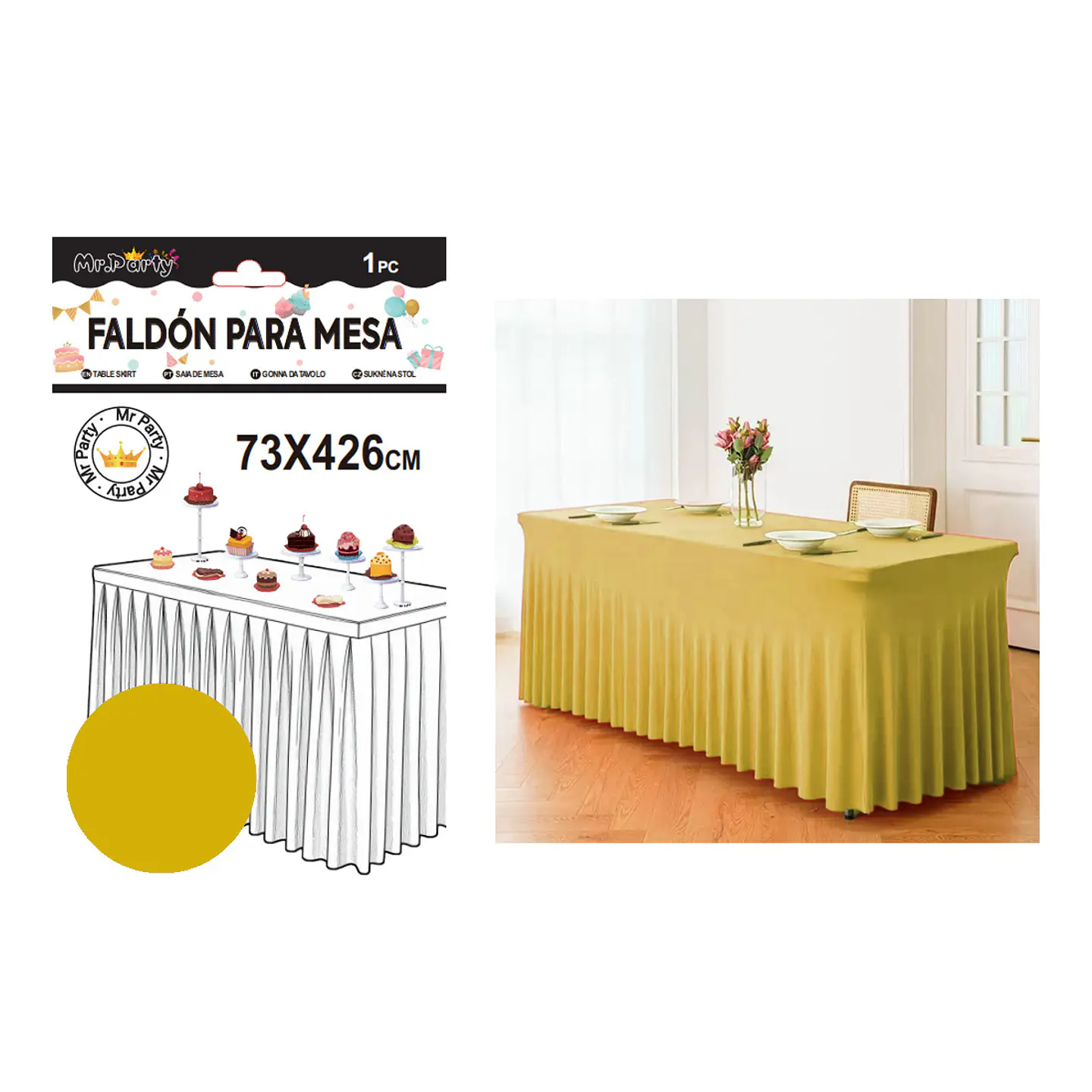 Faldón de mesa plástico dorado 73*426cm 1
