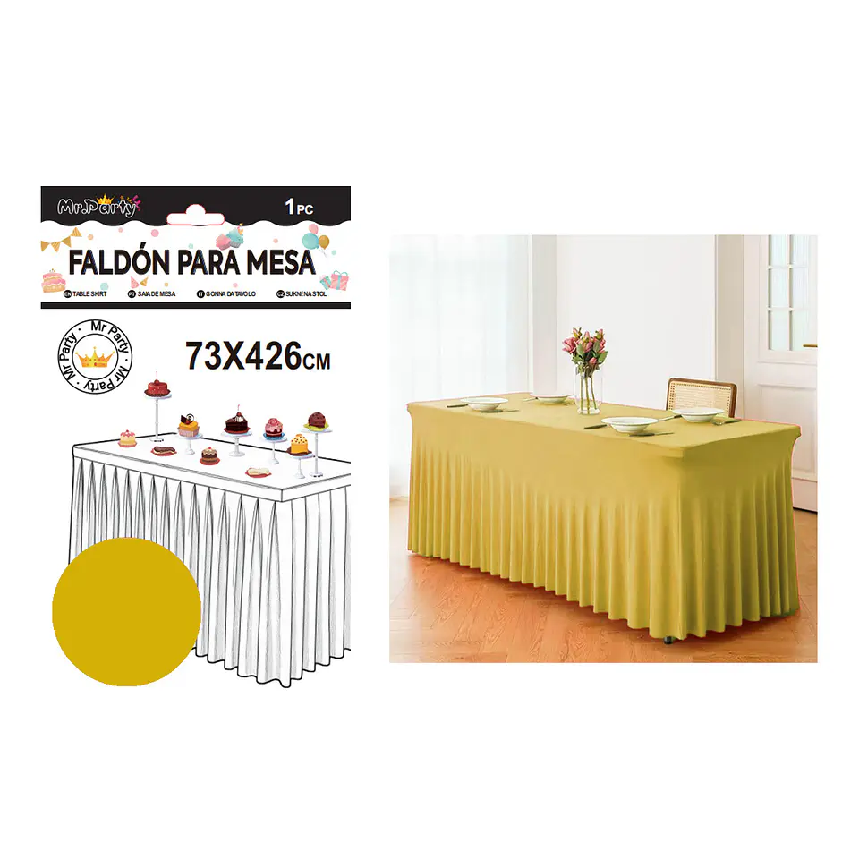 Faldón de mesa plástico dorado 73*426cm 1