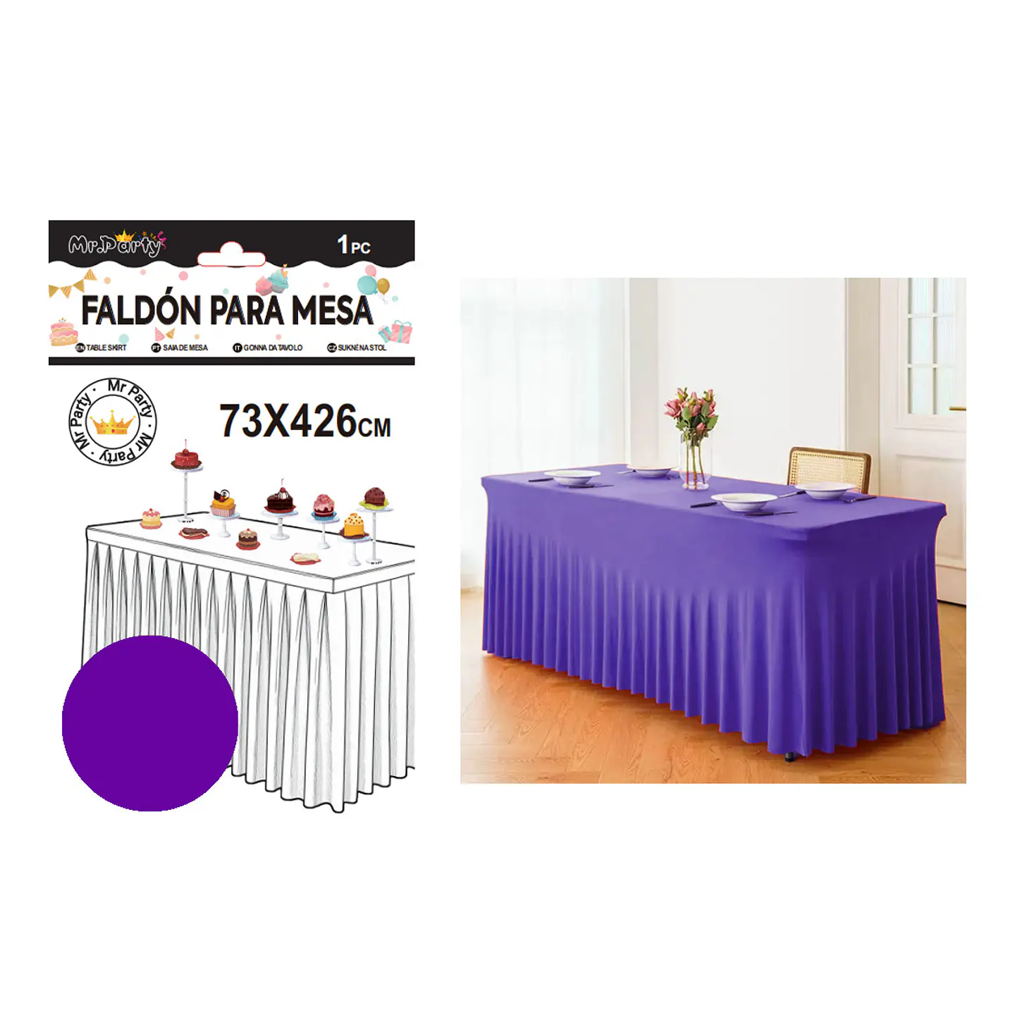 Faldón de mesa plástico morado 73*426cm 1