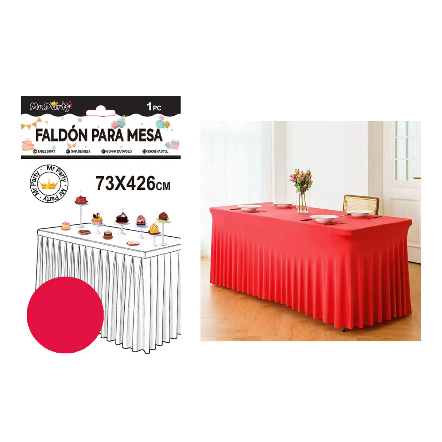 Faldón de mesa plástico rojo 73*426cm 1