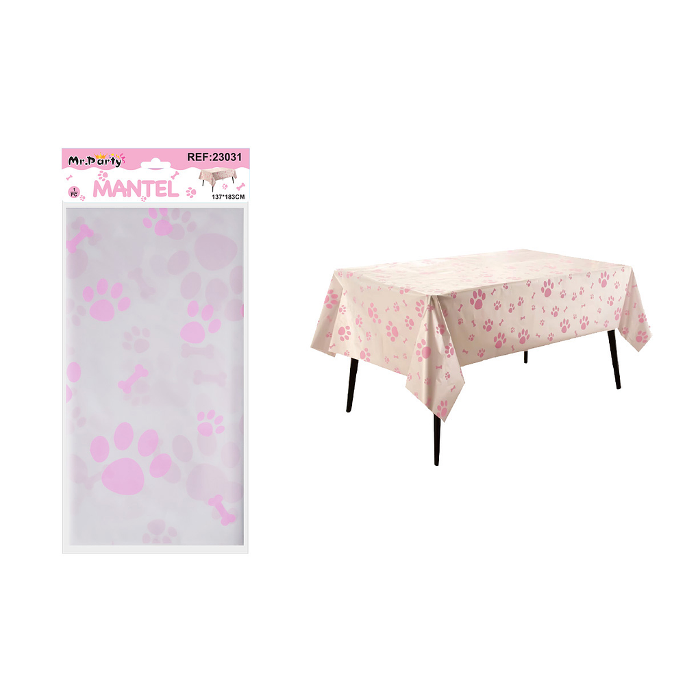 Mantel plástico perlado huella de perro rosa 137*183cm